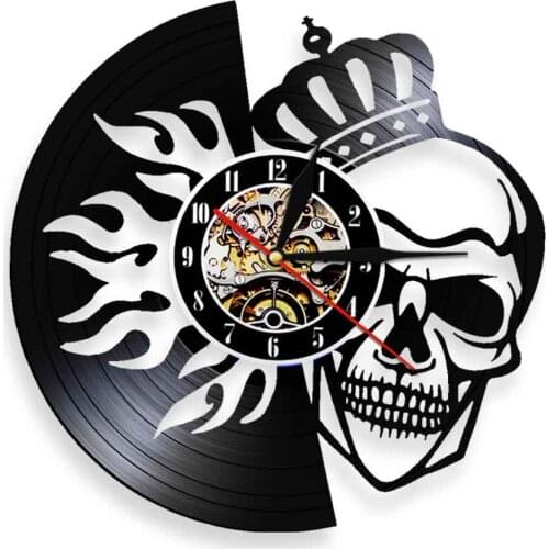 Skull Wearing Crown LED Wall Art Vintage Vinyl Record Wall Clock Night Lamp Death King Decorative Quartz Non-Ticking Watch Clock