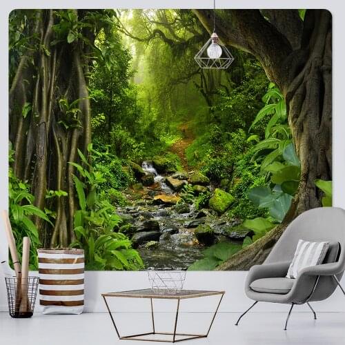 Virgin forest home decoration art tapestry hippie bohemian decoration yoga mat sofa blanket psychedelic scene background wall