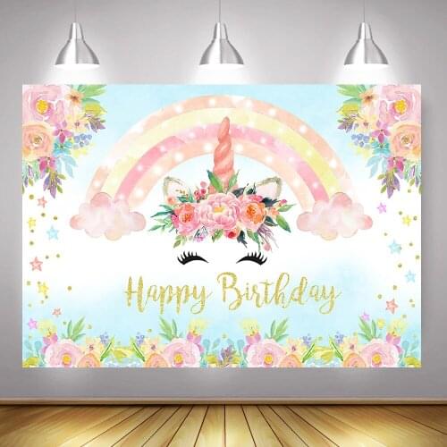 Unicorn Children Birthday Party Decoration Backdrop Kids Rainbow Flowers Baby Shower Photo Background for Photo Studio Cartoon
