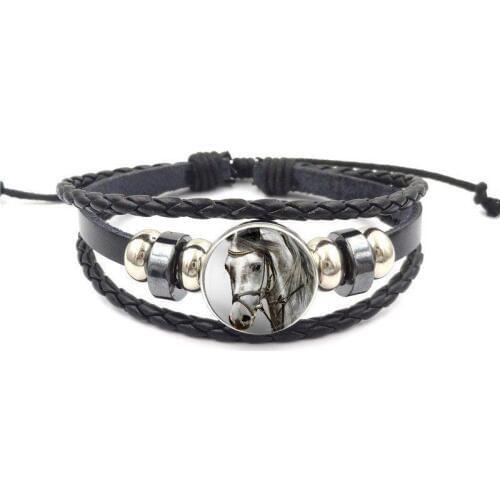 EJ Glaze For Women Party New Brand Jewelry With Glass Cabochon Statement Black Leather Bracelet Bangle Horse