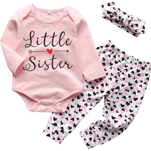 Newborns Girls Clothing Set Letter Long Sleeve Triangle Romper and Heart Printed Pants With Headband Infants Combination Clothes