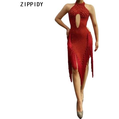 Full Red Rhinestone Tassel Dress Prom Women Latin Dance Show Dress Evening Birthday Celebrate Wedding Short Dress