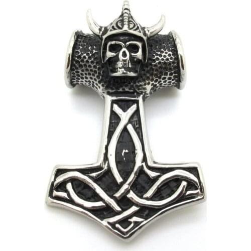 Arrival Cool Thors Hammer 316L Stainless Steel Lifelike Creepy Skull Horn Pendant Chain Jewelry Best Price