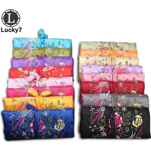 Fashion Chinese Wind Silk Jewelry Organizer Travel Pouches With Ring Bar Jewellery Zipper Embroidery Flower Bird Hand Roll Bag
