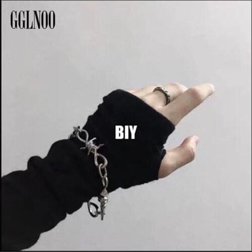 GGLNOO Harajuku Punk Style Black Autumn Winter Solid Cover Lolita Kawaii Knitted Solid Gloves