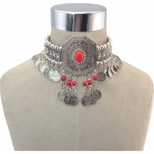 Gypsy Turkish Boho Antique Red Green Stone Choker Necklace with Coin Tassel Ethnic Coin Statement Necklace Vintage Jewelry Gift