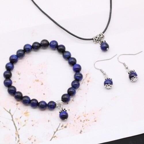 Natural Blue Tiger Eye Stone Bead Bracelet Necklace Earrings Set 2020 New Luxury Crystal Jewelry Gift GS003