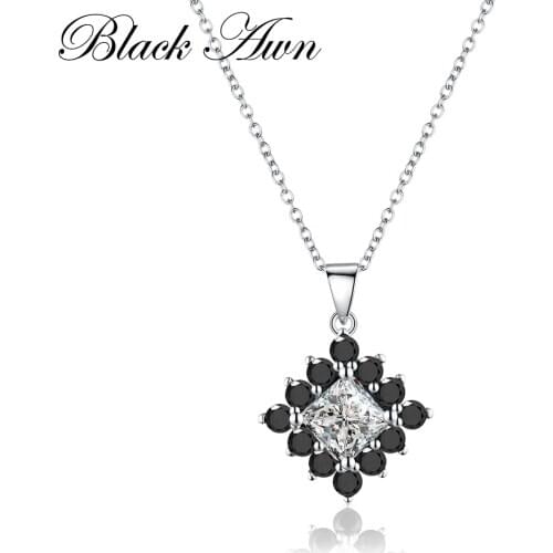 [BLACK AWN] Genuine 925 Sterling Silver Necklace for Women Square Black Spinel Necklaces Pendants Sterling Silver Jewelry P004