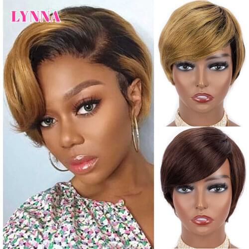 Short Pixie Cut Wig Glueless Straight Short Bob Human Hair Wigs with Bang Full Machine Human Hair for Black Women Red Brazilian