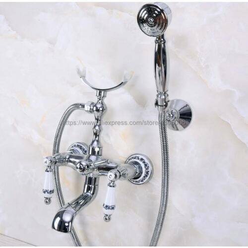 Polished Chrome Dual Handles Bathtub Faucet Wall Mounted Swive Spout with Handshower Tub Mixer Tap Bna241