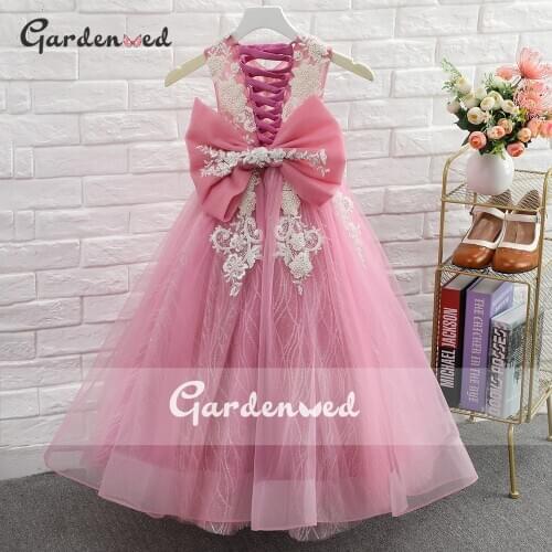Luxury Pearls Beading Girl Party Dresses Puffy Pink Glitter Girl Birthday Dress Illusion Christmas Party Dress robe de princesse