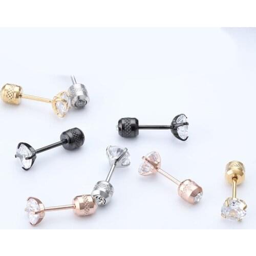 Double Side Screw Stud Earrings For Women Men Jewelry Punk Round Cubic Zircon Stone For Women Stainless Steel Ear Arose Earrings