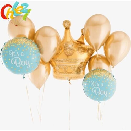9pcs Its a boy girl Helium Balloons Large gold crown Foil balloon Chrome metal latex globos Birthday Party Decor Baby Shower