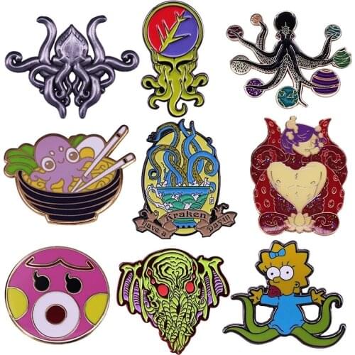Norse Mythology Giant Squid Octopus Brooch Have A Kraken Day Hard Enmal Lapel Pins Punk Gothic Style Medal Badge Pin On Backpack