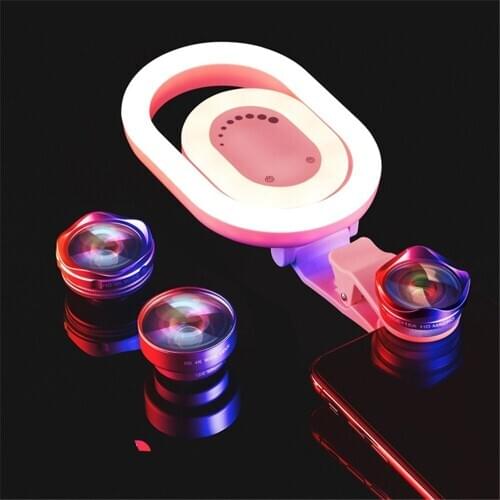 Foldable Phone Selfie Circle Light with Wide Angle and Macro Lens Portable LED Selfie Light Ring with Clip for Phone Photography