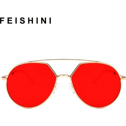 Feishini Trend Unisex Oversized Sunglasses Women Vintage red Pilot Clear Sunglasses Men Transparent Eye glasses Frame Metal