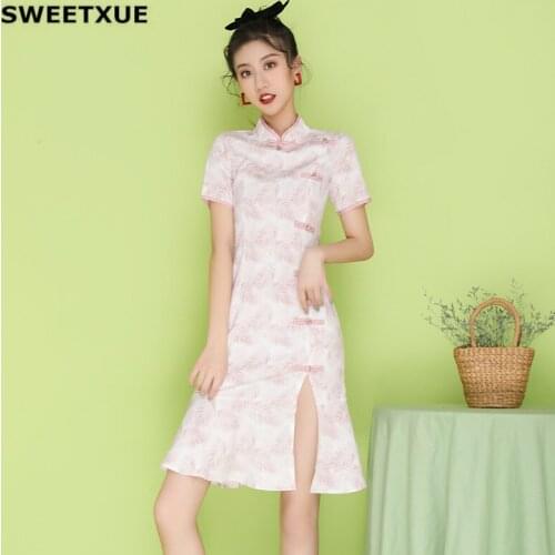 SWEETXUE Modern Fashion Women Chinese Style Girl Young French Retro Fishtail Super Fairy Cheongsam Improved Dress