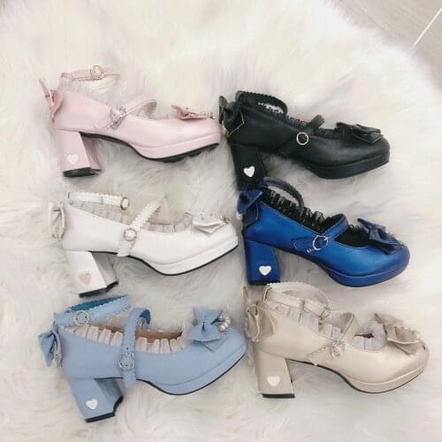 Lolita Shoes Women High Heels Pumps Pearl Lace Edge Straps Bow Cute Girls Princess Women Shoes Students Lovely Shoes Size 35-40