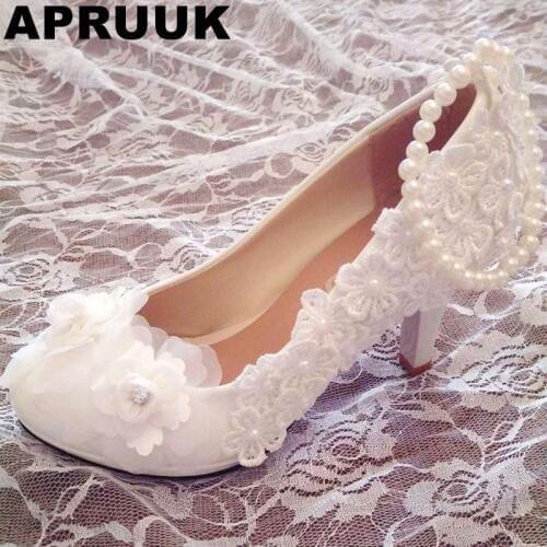 WHITE high heels round toes wedding shoes woman female ankle beading strap platforms party dress bridesmaid shoes