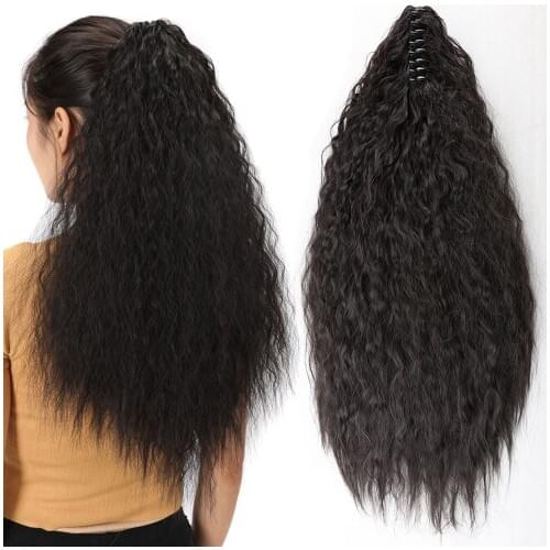 Afro Kinky Curly Synthetic Clip in Hair Extension 22 Inches Drawstring Claw on Ponytails Natural Brown Fake Hairpieces