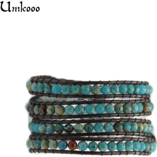 Unisex Bracelet Boho Natural Stone Wrap Bracelet Sea Sediment Leather Wrap Bracelet Semi Precious Stone Rope Jewelry