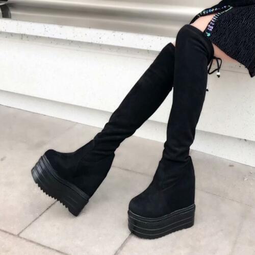 Increase Within Wedges Long Boots High Heel Womens Stovepipe Boots Waterproof Platform Over-the-Knee Boots Sexy High Boots 39