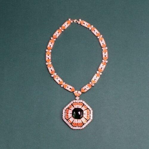 High-grade accessories octagonal green zirconium oval necklace with orange zirconium microset short ladys evening necklace