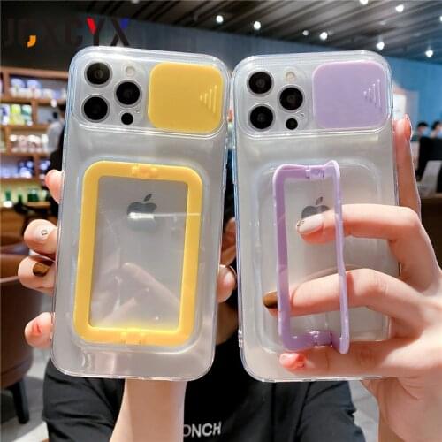 Push Window Camera Protective Transparent Armor Case For iPhone 13 12 11 Pro Max Mini XS X XR 8 7 Plus Hand Holder Stand Cover