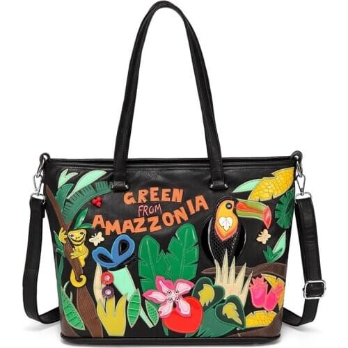 Womens bag 2021new shoulder bag PU leather solid color fashion hit color bag tropical rain forest pattern portable diagonal bag