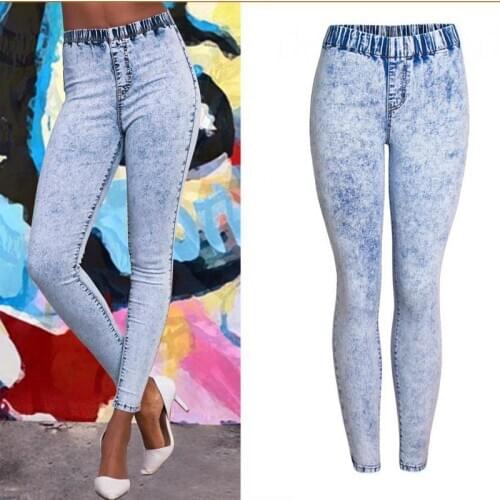 2021 Plus Up Size Womens Snowflake Blue Wash Tight Fit Small Leg Jeans Pants With Medium High Waist Pencil Denim Pants