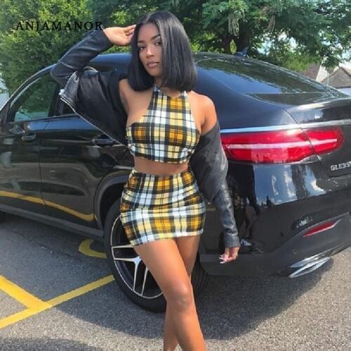 ANJAMANOR Yellow Plaid Print Sexy 2 Piece Set Womens Summer Matching Sets Club Outfits Crop Top and Skirt Short Suit D37-BF16