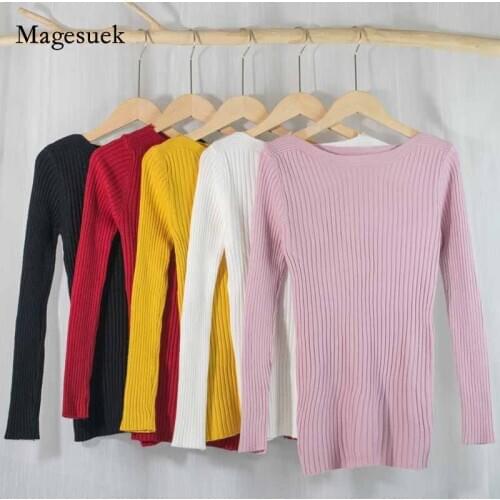 2020 Women Autumn All-match O-Neck Bottoming Sweater Slim-Fit Long Sleeve Tops Pullover Solid Color Sweater Sueter Mujer 11073