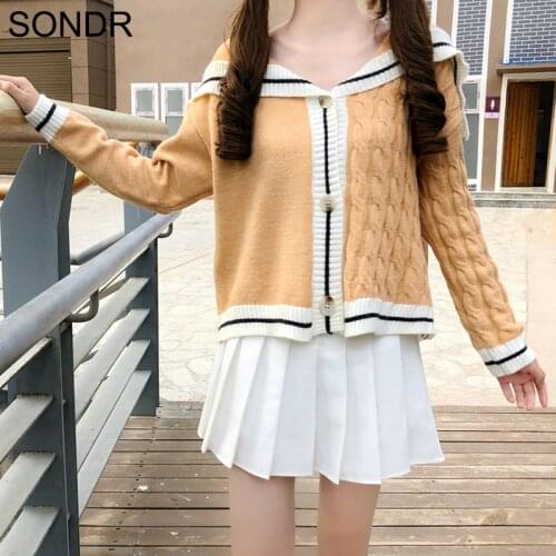 College Style Navy Neck Sweater Knitted Jacket Women 2020 New Sweet Cute Gray Long Sleeve Knitted Top Soft Sister Kawaii Coat