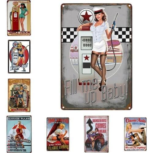 Gas Station Pin up Girl Tin sign Sexy Lady Motor Oil Art Wall Decor Festival Pub Cafe Bar Party Garage Car Shop Metal Painting