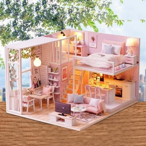 1:24 DIY Dollhouse with Furniture, Wooden Dolls House 3D Diorama Wooden Pink Princess Duplex Apartment Model Kit