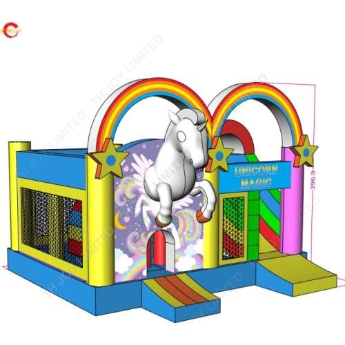 5*4m rainbow horse unicorn inflatable bouncy castle with slide and obstacle for sale, commercial inflatable bouncer slide