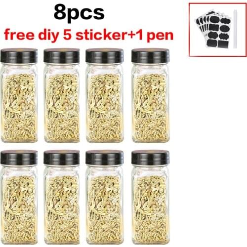 8pcs Lid Condiment Pot Seasoning Bottle Glass Kitchen Supplies And Materials Saltcellar Canister Set DIY Sticker Glass Spice Jar