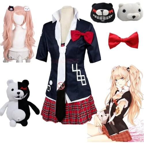 Anime Danganronpa Cosplay Costume Enoshima Junko Uniform Cafe Clothes Short Skirt Double Tail Braid Wig monokuma Bear Headwear