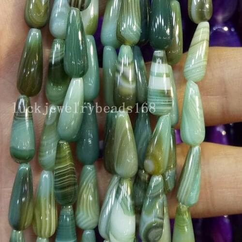 Free Shipping Fashion Jewelry 8x16mm Beautiful Olive Green Stripes Chalcedony Teardrop Loose Beads 15" FG7197