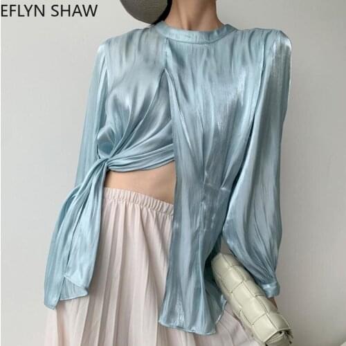 Luxury Silk Satin Women Shirts Summer New Glossy Pleated Irregular Knotted Blouse Round Collar Split Elegant Tops Blusas Mujer