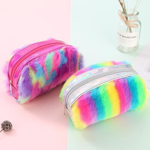 Big Rainbow Pencil Case Colorful Plush Pencilcase School Supplies School Pen Bag Girl Stationery Gift School Cute Pencil Box