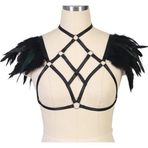 Black Gothic Lingerie Feather Wings Body Harness Belt Epaulettes Cage Bra Bondage Shoulder BurningMan Party Pole Dance Rave Wear