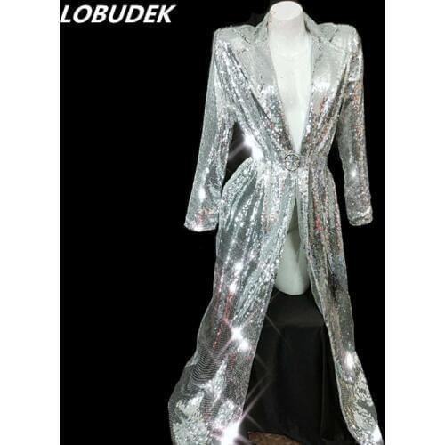 Silver Sequins Long Coat Women Stage Wear Nightclub Female Singer Host Concert Performance Costume DJ Show Dancer Sequined Cloak