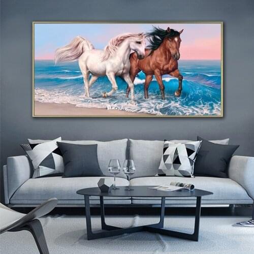 Two runing Two horses on the beach wall painting poster animals wall art canvas prints living room home wall decoration