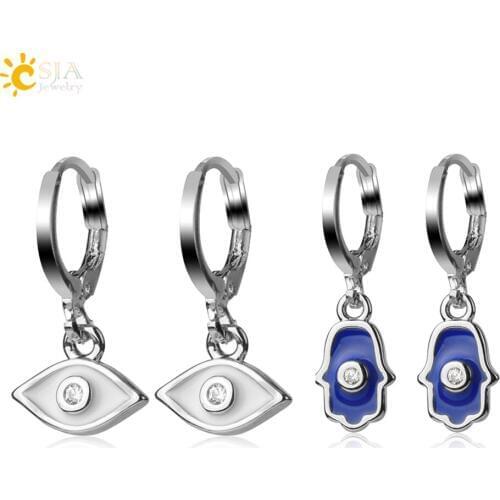 CSJA Small Copper Hoop Earrings Brand 2020 New Hamsa Hand Evil Eye Gold Silver Color Metal Elegant Earring for Kids Jewelry S666