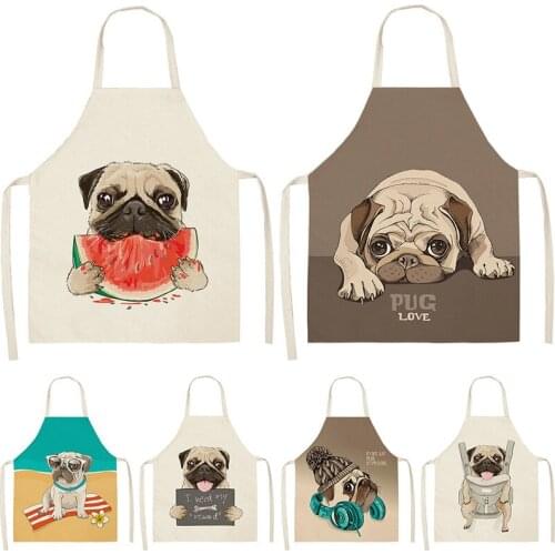 Cute Dog Pug Printed 53*65cm Cotton Linen Sleeveless Aprons Kitchen Aprons Women Home Cooking Baking Waist Bibs Pinafore WQL0152