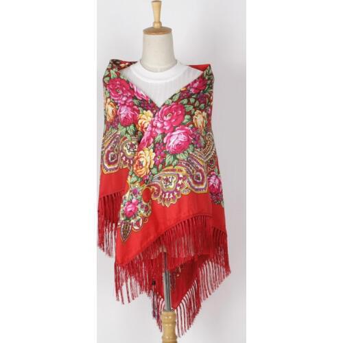 New Red Russia Style National Designs Women Cotton Printing With Four Sides Tassel Large Squar Shawl Scarf Oversize Wrap