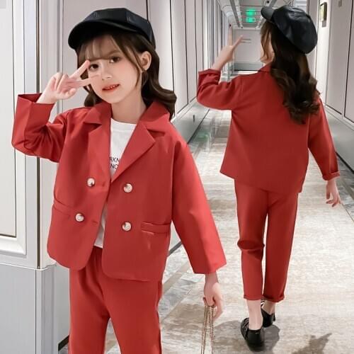 Autumn 2020 New Korean Girls Double Breasted Suit Set Children Blazer Pants 2PCS Clothes Set Kids Party Show Costume