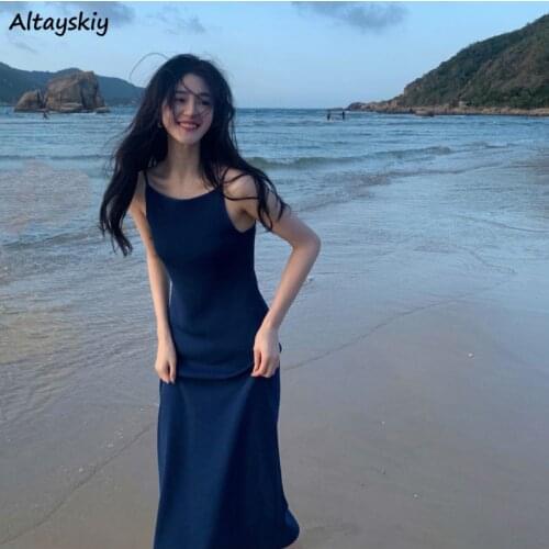 Summer Dress Women Pure Color Fashion Vacation French Style Beach Loose Simple Spaghetti Comfortable Strap High Waist Elegant