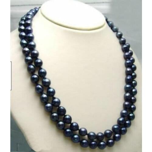 Stunning 2 rows 8-9 MM SOUTH SEA BLACK PEARL NECKLACE 18-19inch YELLOW CLASP
